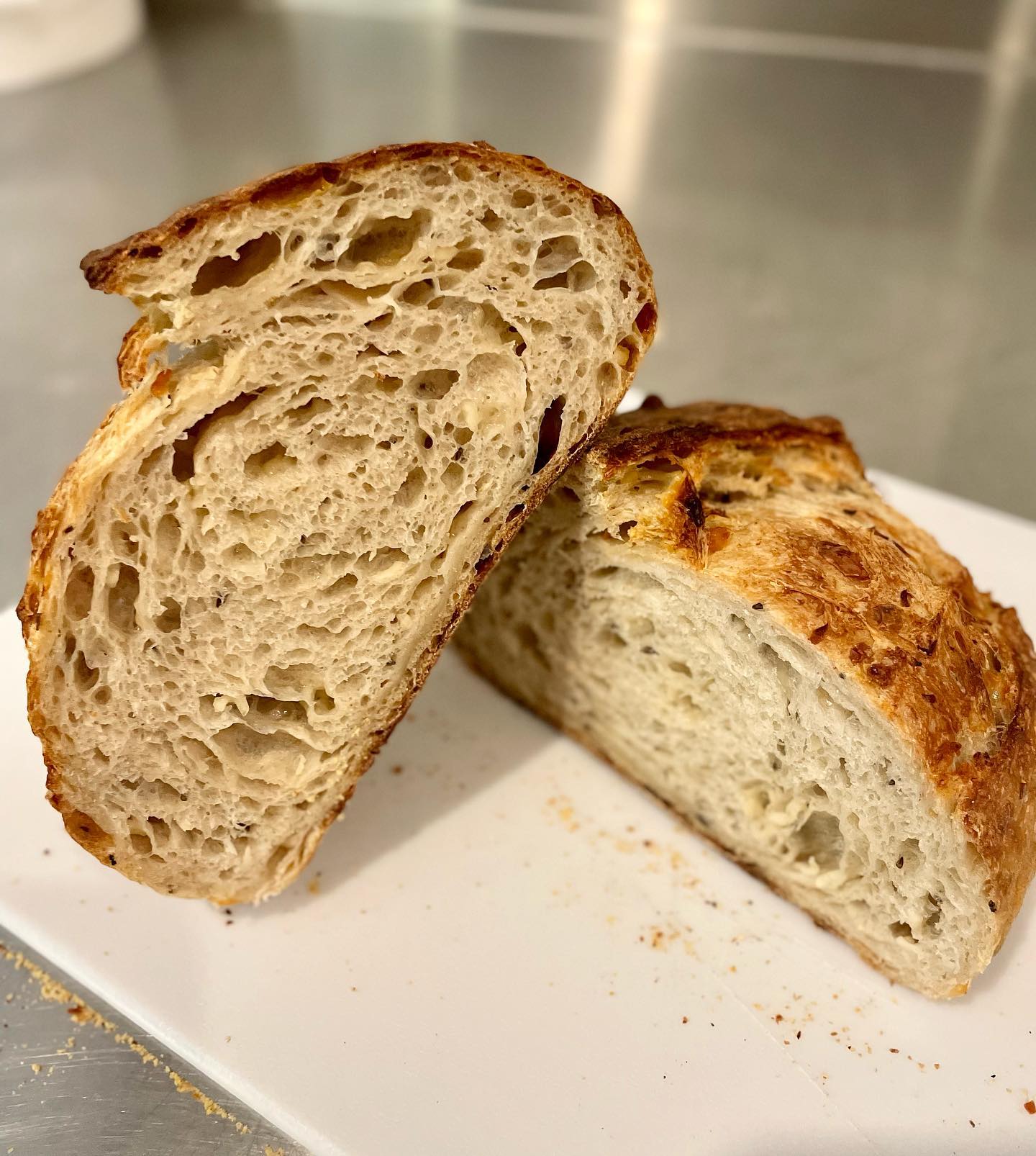 We made a new sourdough just in time for St. Patrick’s day ☘️ 
Caraway Sauerkraut & Swiss cheese sourdough. 
Available today only- Come get one before we sell out!